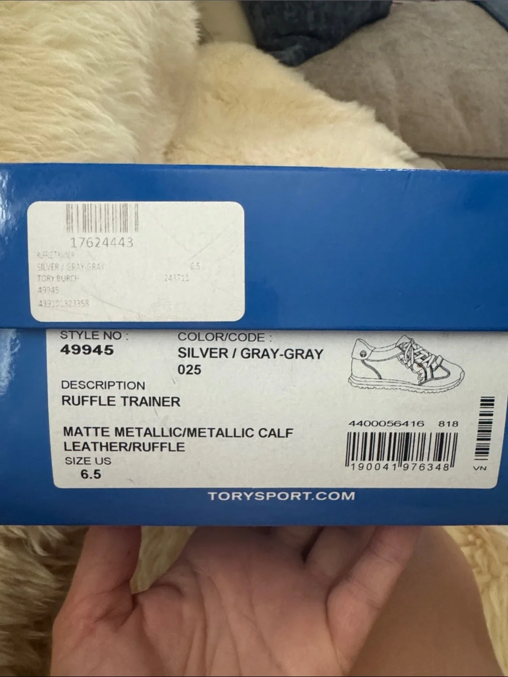 Tory Sport Ruffle Trainer Metallic Silver Sneakers – Size 6.5 – New in Box